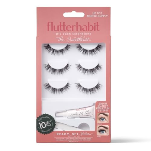 FlutterHabit Sweetheart Ready Set Starter Kit, DIY Eyelash Extensions, Lash Clusters for Women, Professional Quality At Home Eyelash Extension Kit, False Lashes, 3 Lash Sets, Lash Glue Included | Amazon (US)