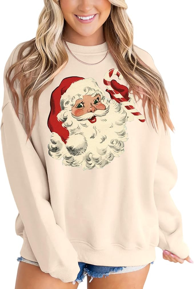 MAPICK Retro Santa Sweatshirt for Women Vintage Christmas Fleece Linend Sweaters Crewneck Oversiz... | Amazon (US)