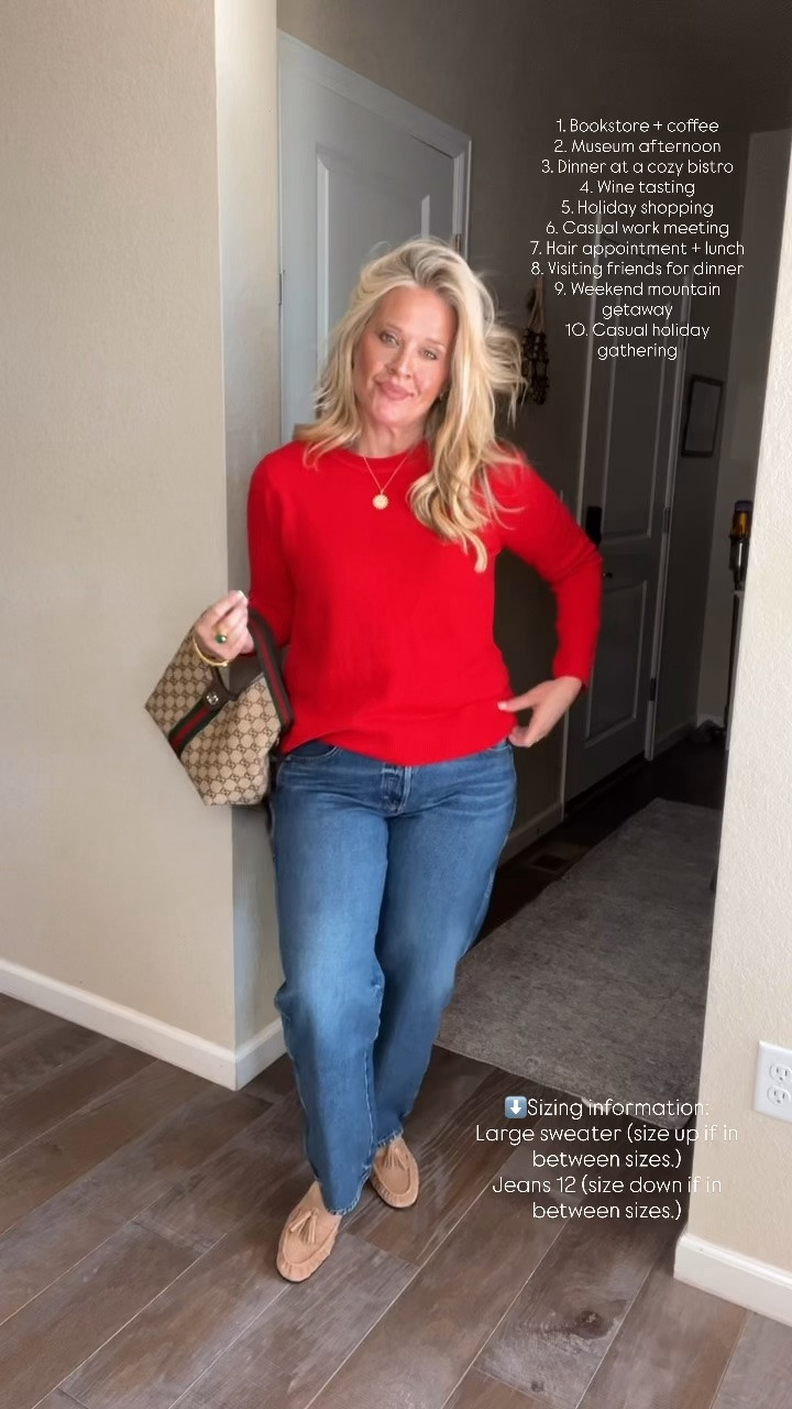 ✨Tap the bell, save and ❤️ start here over 40 fashion, midlife style, midsize fashion and luxury looks for less.  

⬇️Sizing information:
Large sweater (size up if in between sizes.)
Jeans 12 tts (size up if in between sizes.)

RED CASHMERE SWEATER

THE UNDER-$50 SWEATER THAT LOOKS LUXE

Cashmere + rich red makes even basic jeans feel elevated.

LIFT: bold color pulls the eye up and brightens the whole outfit.

👑 Helping you look good, feel good.-Lindsey Denver   Check back daily for belly-friendly style, confidence, and Outfit Physics™.

#LTKOver40 #LTKMidsize #LTKPlusSize

Comment SHOP below to receive a DM with the link to this post on my LTK ⬇ https://liketk.it/6oTpB