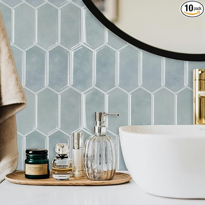 Alwayspon 10 Sheets 12" x12inch Light Grey Blue 3D Vinyl Backsplash Tiles, Self-Adhesive Peel and... | Amazon (US)