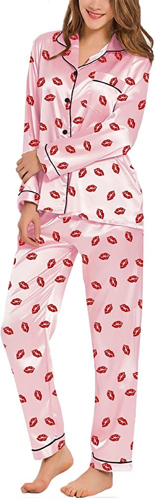 SWOMOG Womens Silk Satin Pajamas Loungewear Two-piece Sleepwear Button-Down Pj Set | Amazon (US)