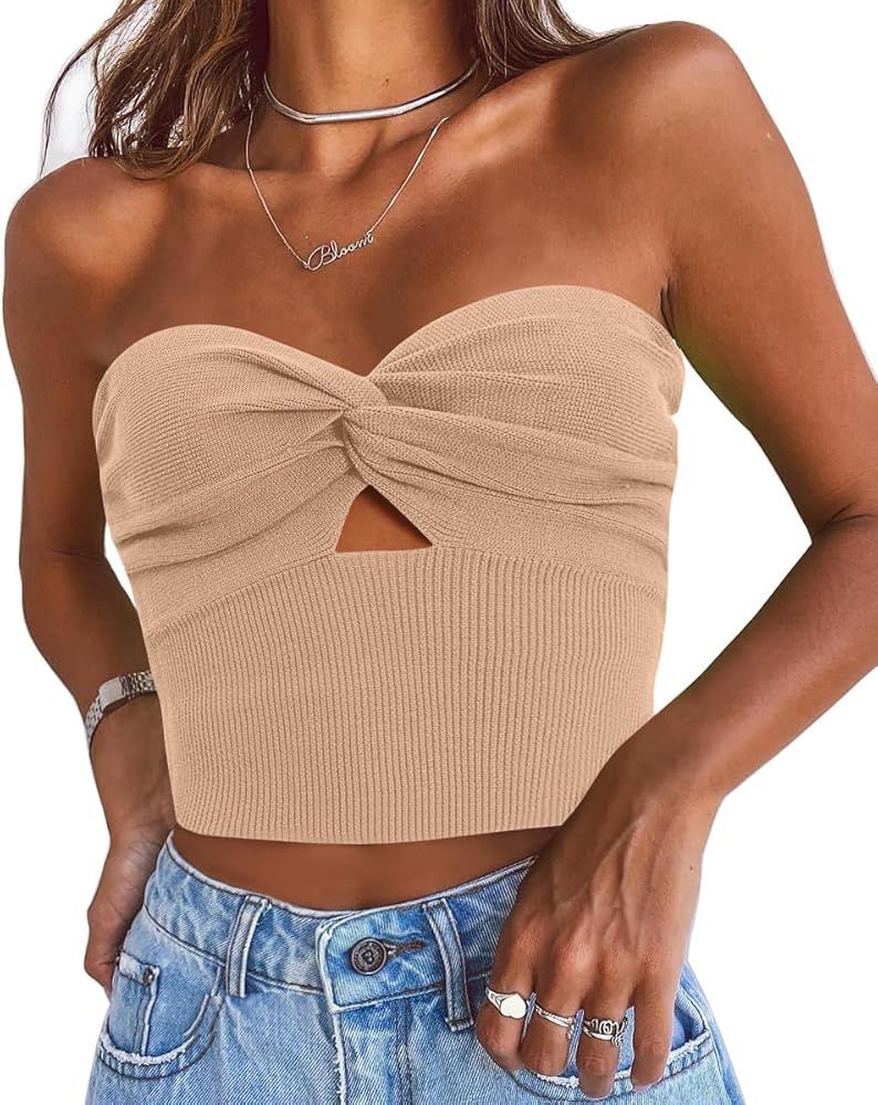 EFAN Womens Tube Tops Going Out Cut Out Twist Knot Front Bandeau Ribbed Knit Y2K Strapless Tank B... | Amazon (US)