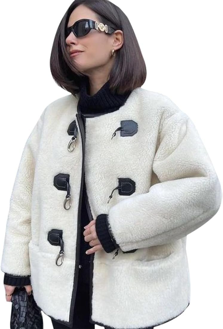 yoeasy Women's Collarless Button Down Sherpa Fleece Jacket Loose Long Sleeve Outwear Coat With Po... | Amazon (US)