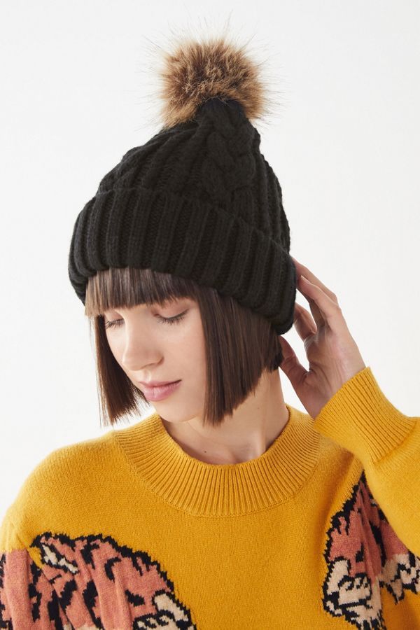 Cable Knit Fur Pompom Beanie | Urban Outfitters (US and RoW)