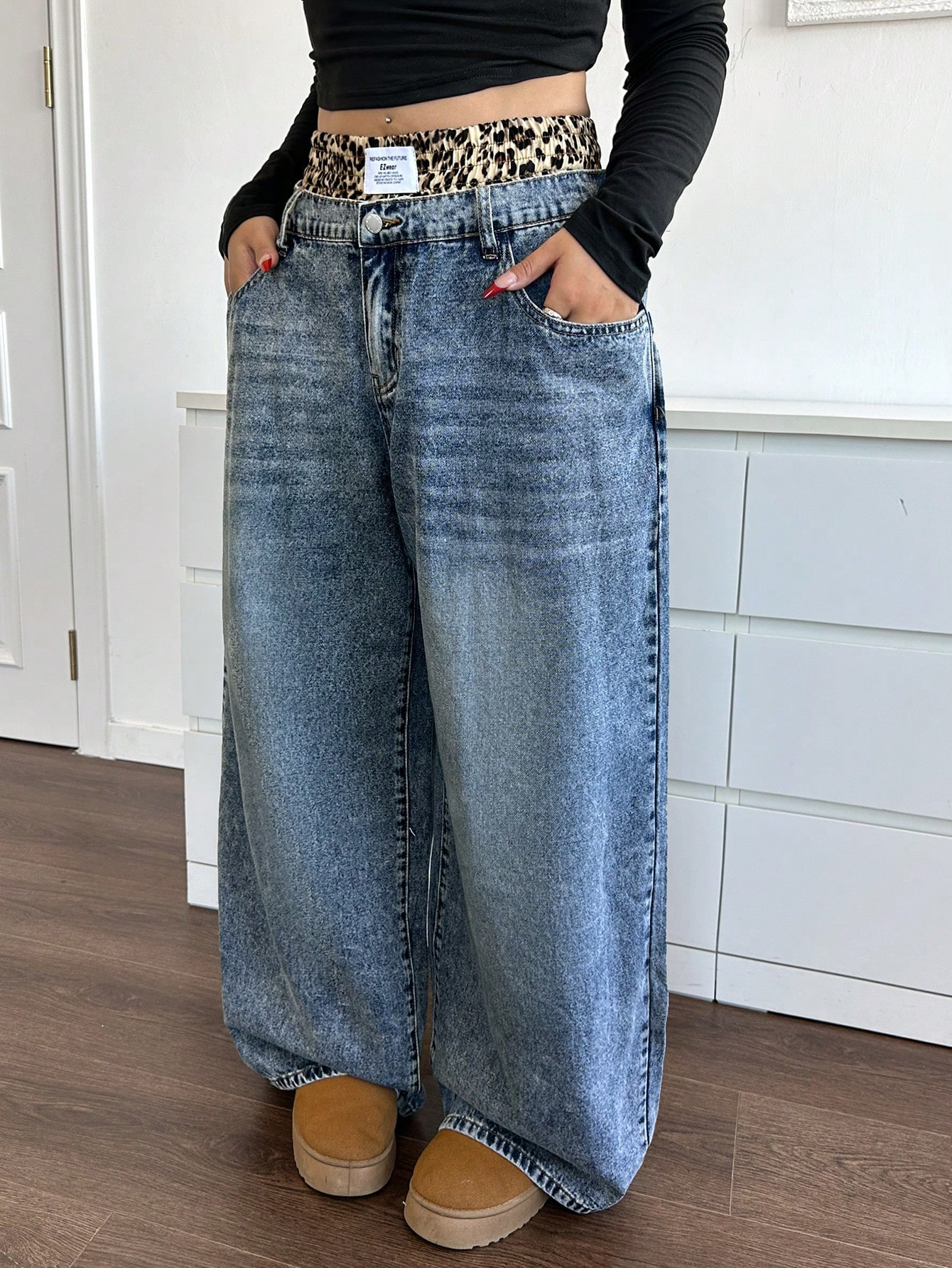 SHEIN EZwear Plus Size Jeans, Casual Loose Straight Leg Pants With Leopard Print Waistband Wide L... | SHEIN