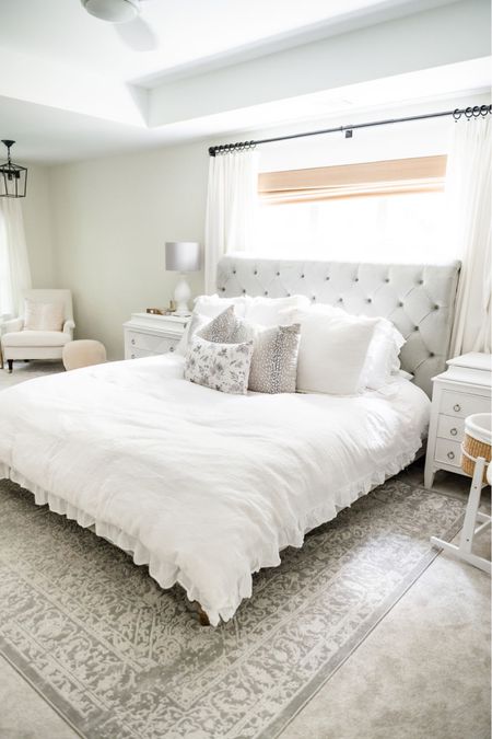 Primary bedroom decor // neutral bedroom // tufted king bed // gray rug //

#LTKhome