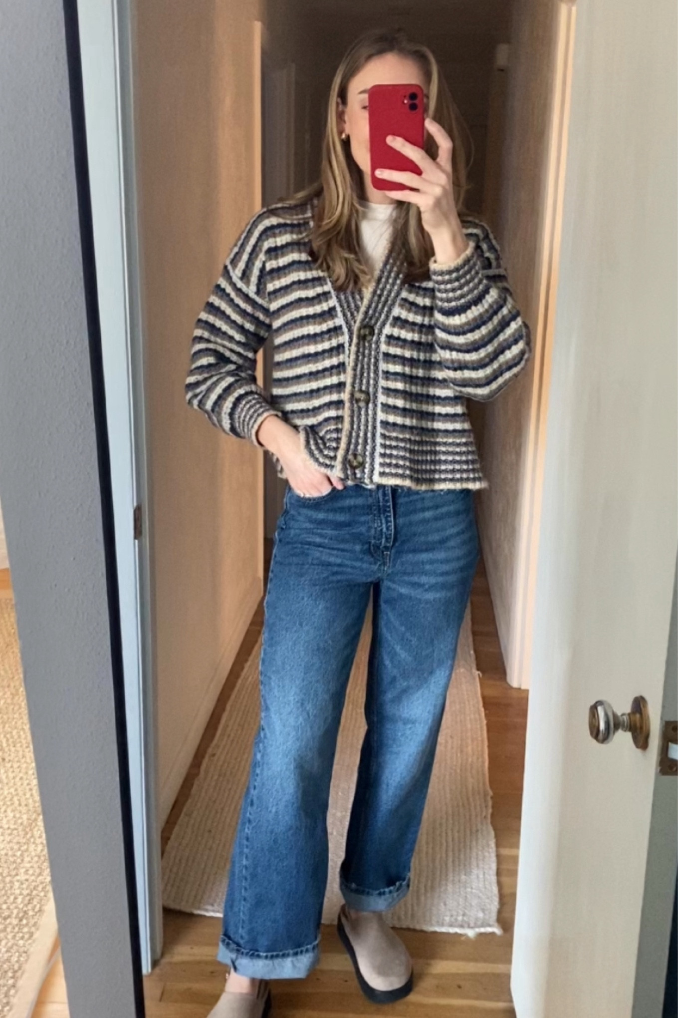 easy Sunday outfit! super casual and comfortable but also put-together! 
#clogs #slipon #shoes #jeans #striped #sweater #cardigan #easg #outfit #inspiration #blur #aftordable #fashion 

#LTKshoecrush #LTKSeasonal #LTKfindsunder100