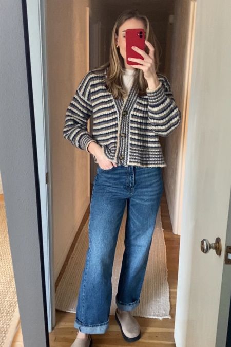 easy Sunday outfit! super casual and comfortable but also put-together! 
#clogs #slipon #shoes #jeans #striped #sweater #cardigan #easg #outfit #inspiration #blur #aftordable #fashion 

#LTKshoecrush #LTKSeasonal #LTKfindsunder100