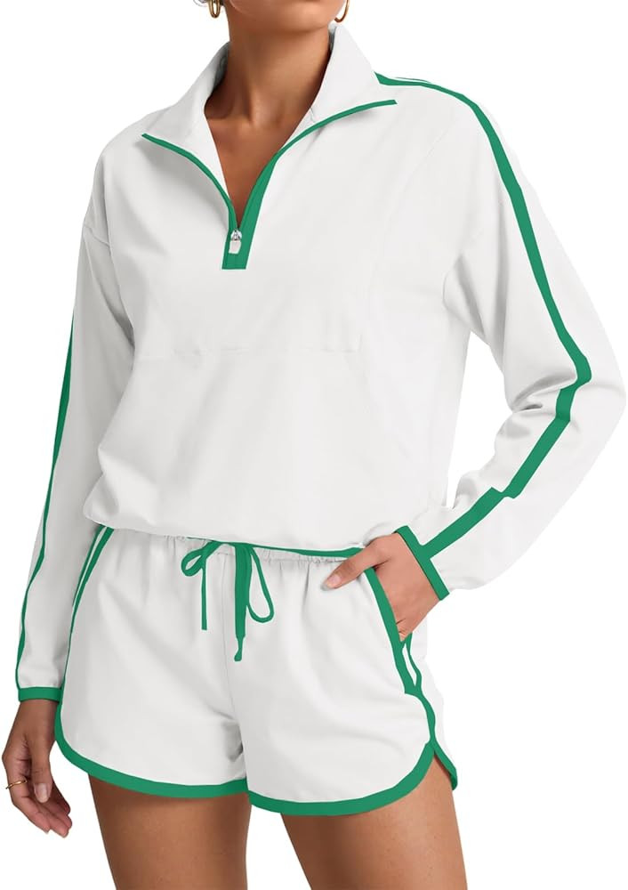 Fisoew Womens 2 Piece Outfits Sets Half Zip V Neck Long Sleeve Pullover Tops Shorts Casual Tennis... | Amazon (US)