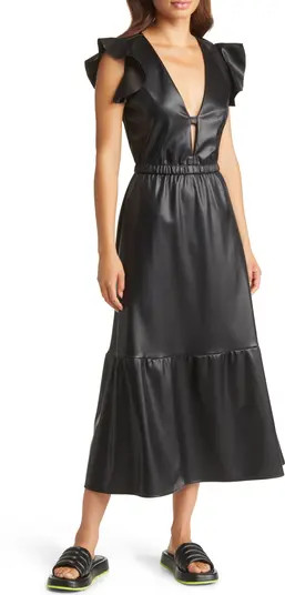 Fourteenth Place Saffia Flutter Sleeve Faux Leather A-Line Dress | Nordstrom | Nordstrom