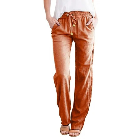 Pedort Pants Women High Waist Knit Straight Leg Pant Solid Color Cotton and Linen Trousers Orange M | Walmart (US)