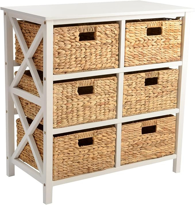 eHemco 3 Tier X-Side End Storage Cabinet, table with 6 Wicker Baskets for bedroom, living room in... | Amazon (US)