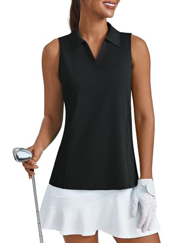 PINSPARK Womens Sleeveless Golf Polo UPF 50+ Workout Tank Tops Collared Tennis Pickleball Shirts Quick Dry Athletic Gym Top,Black S | Amazon (US)