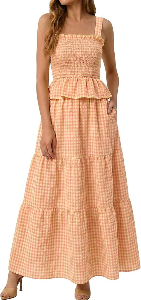 Glamaker Womens 2 Piece Skirt Sets Summer Gingham Plaid Tank Tops Maxi Skirt Casual Travel Vacati... | Amazon (US)