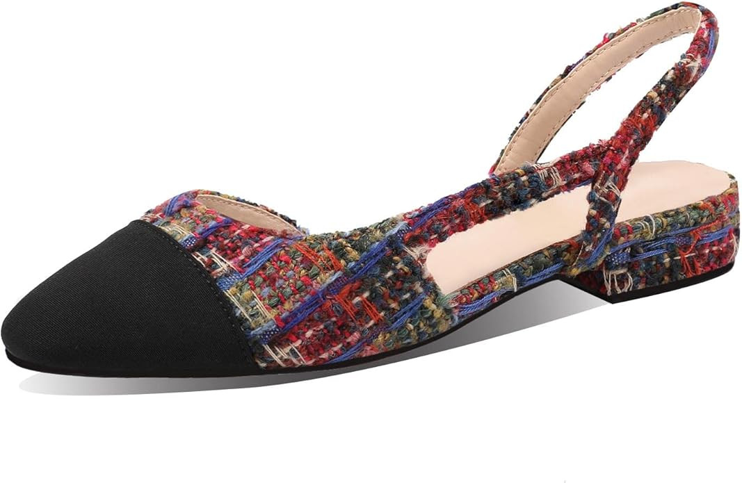Adrizzlein Womens Slingback Flat Pumps Closed Round Toe Two Toned Casual Flat Office Shoes | Amazon (US)