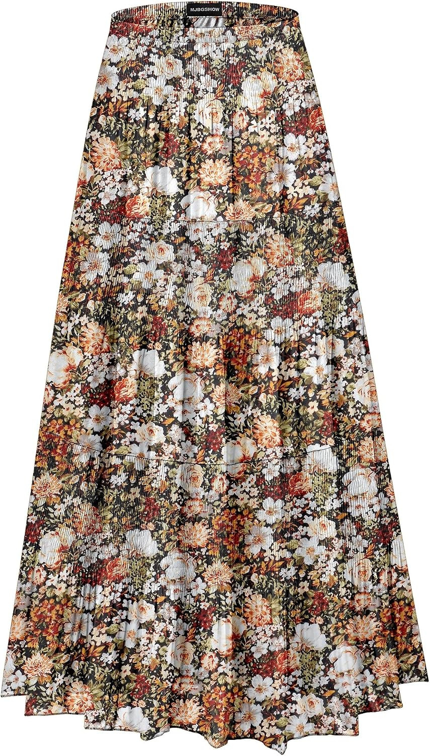 Womens Chiffon Long Skirt Elastic High Waist Floral Maxi Skirts Tiered Pleated A Line Boho Flowy Long Skirts | Amazon (US)