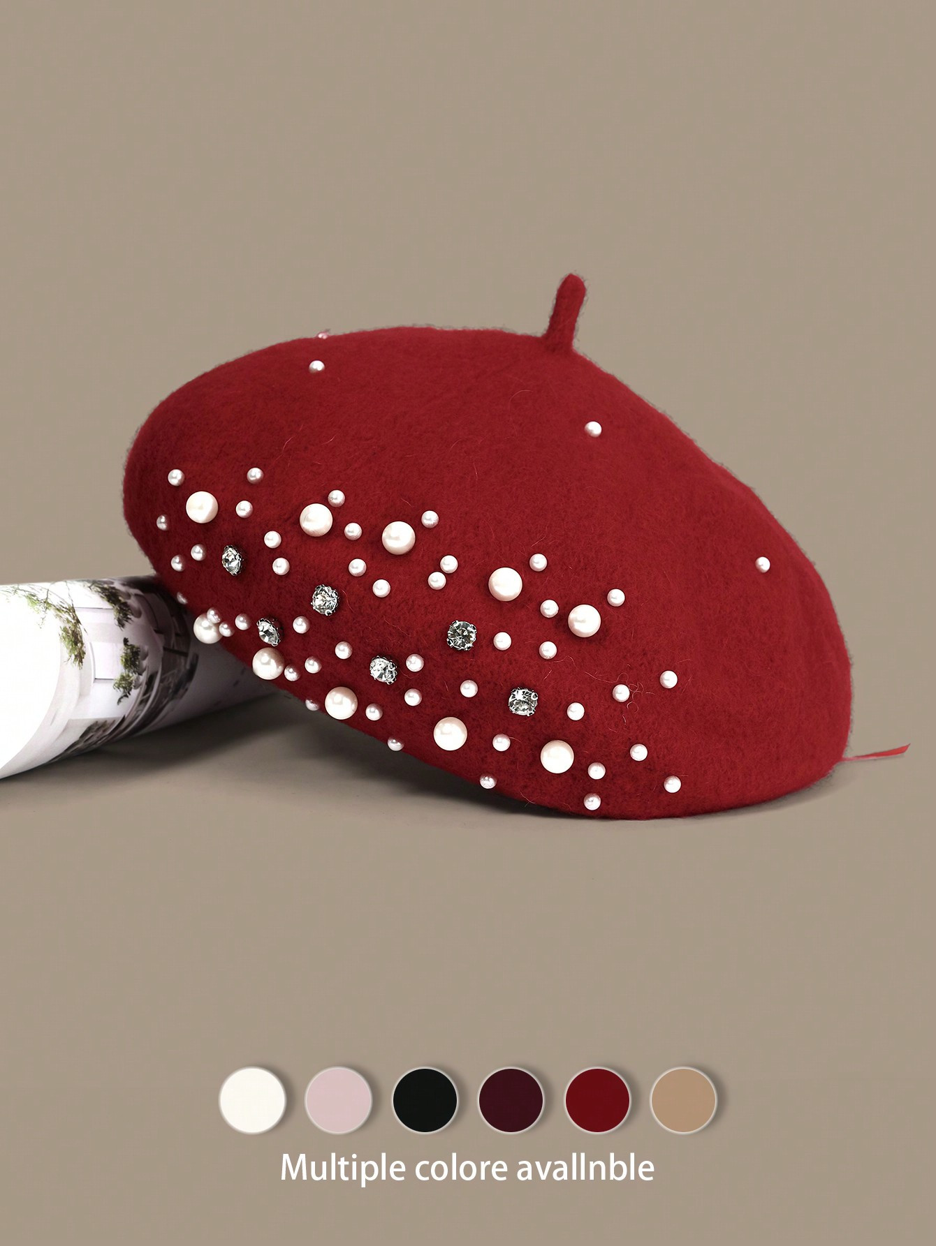 1 st. Effen kleur Retro Elegante Luxe Casual Gebreide Strass & Parel Versierde Baret Hoed, Modieu... | SHEIN