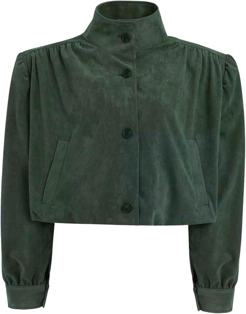 Xunger Women's Faux Suede Gathered Jacket Casual Stand Collar Cropped Coat Long Sleeves Loose Fit... | Amazon (US)