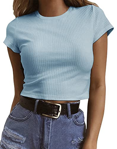 Artfish Women's Short Sleeve Knit Ribbed Crop Top Teen Girls Basic Tee Shirts Light Blue, S | Amazon (US)
