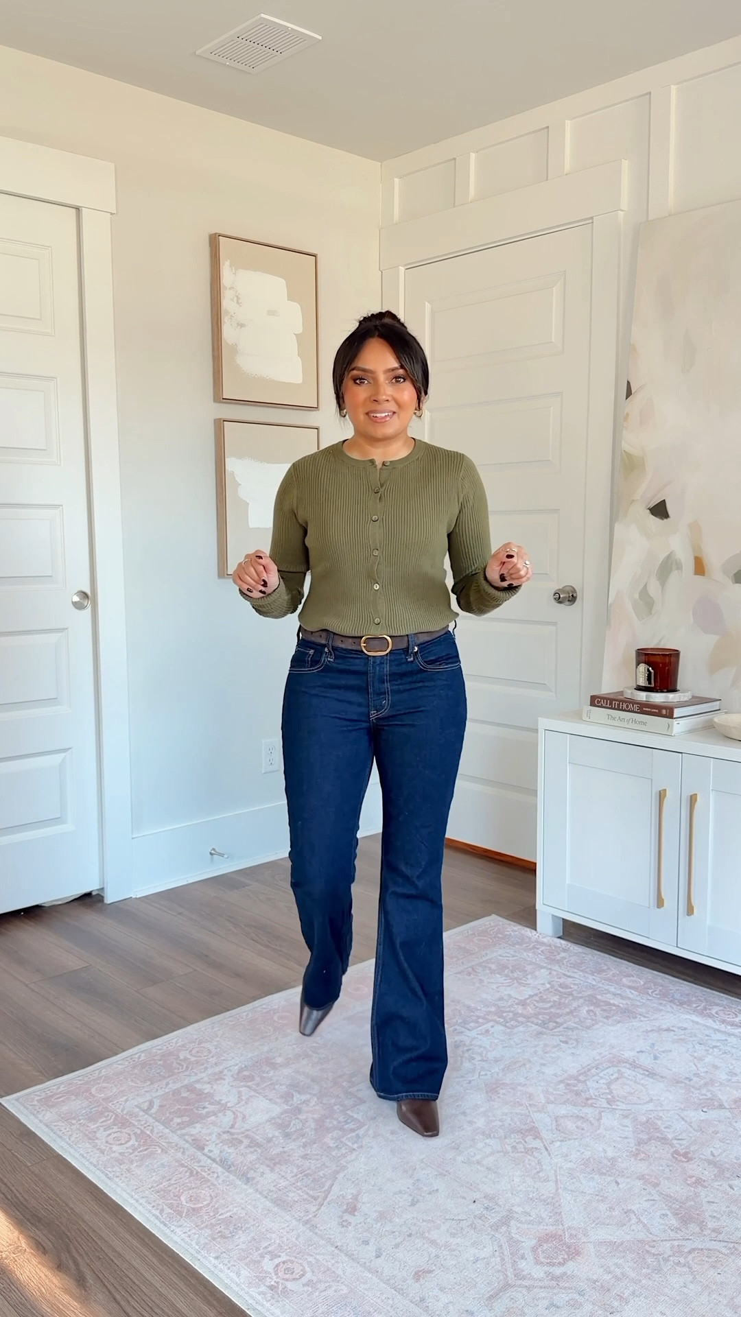 Olive green ribbed cardigan sweater size xs TTS
Plaid barn jacket size xs petite TTS
Dark rinse mid rise bootcut jeans size 26 short TTS
Dark brown boots size 5.5 TTS

#LTKHoliday #LTKPetite #LTKStyleTip