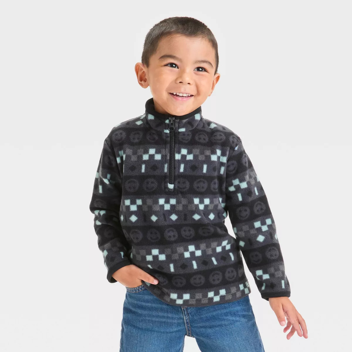 Toddler Boys' Smiley Printed Zip-Up Microfleece Pullover Sweatshirt - Cat & Jack™ Charcoal Gray... | Target