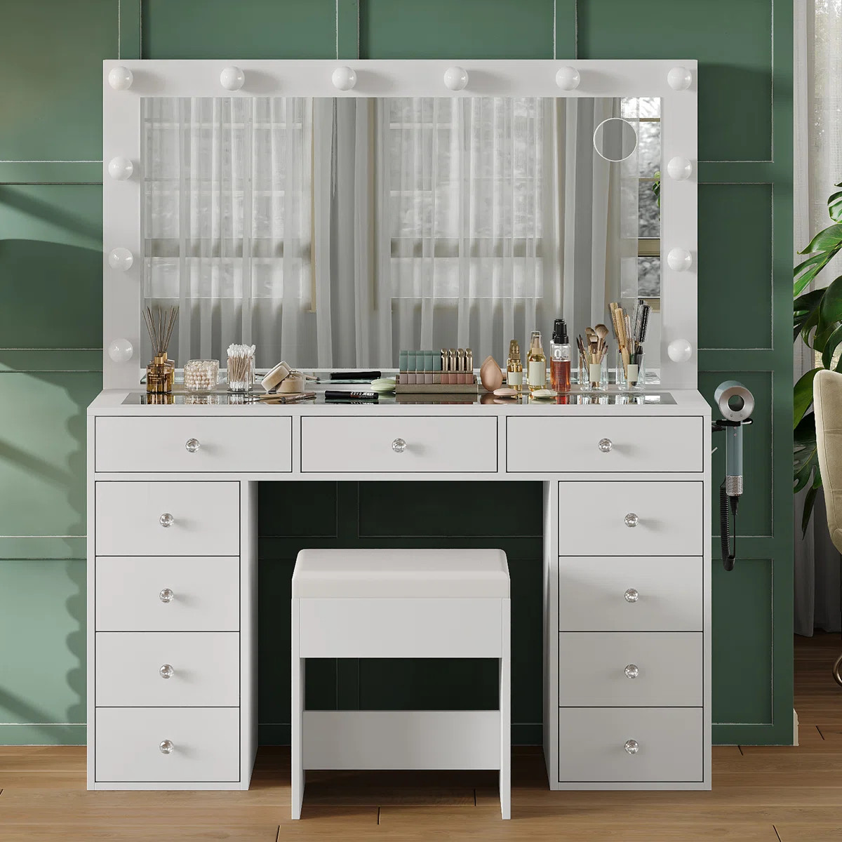 Pisklo Vanity desk & Power Outl, Makeup Vanity with Mirror and 12 LED Lights, Makeup Table with 1... | Wayfair North America