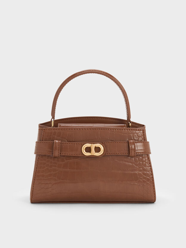 Chocolate Croco Aubrielle Croc-Effect Belted Top Handle Bag | CHARLES & KEITH | Charles & Keith US