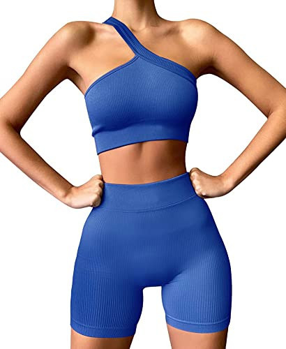 Hotexy Workout Sets for Women Ribbed High Waisted Shorts with Seamless One Shoulder Sports Top Gym Workout Shorts Set Navy Blue | Amazon (US)
