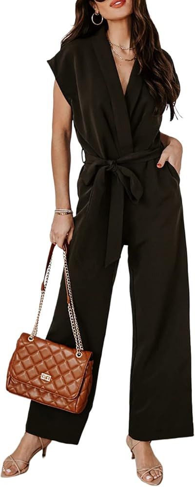 Happy Sailed Jumpsuit for Women Dressy 2023 Wrap V Neck Short Sleeve Belted Long Pant Romper Jump... | Amazon (US)