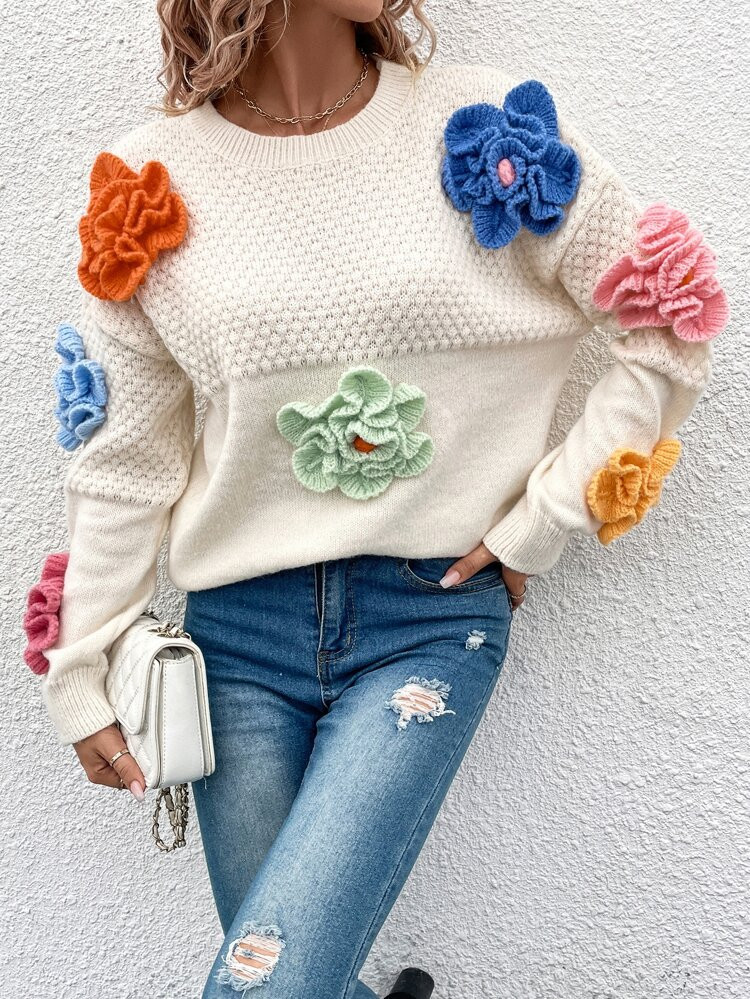 SHEIN Unity Floral Patched Drop Shoulder Sweater | SHEIN