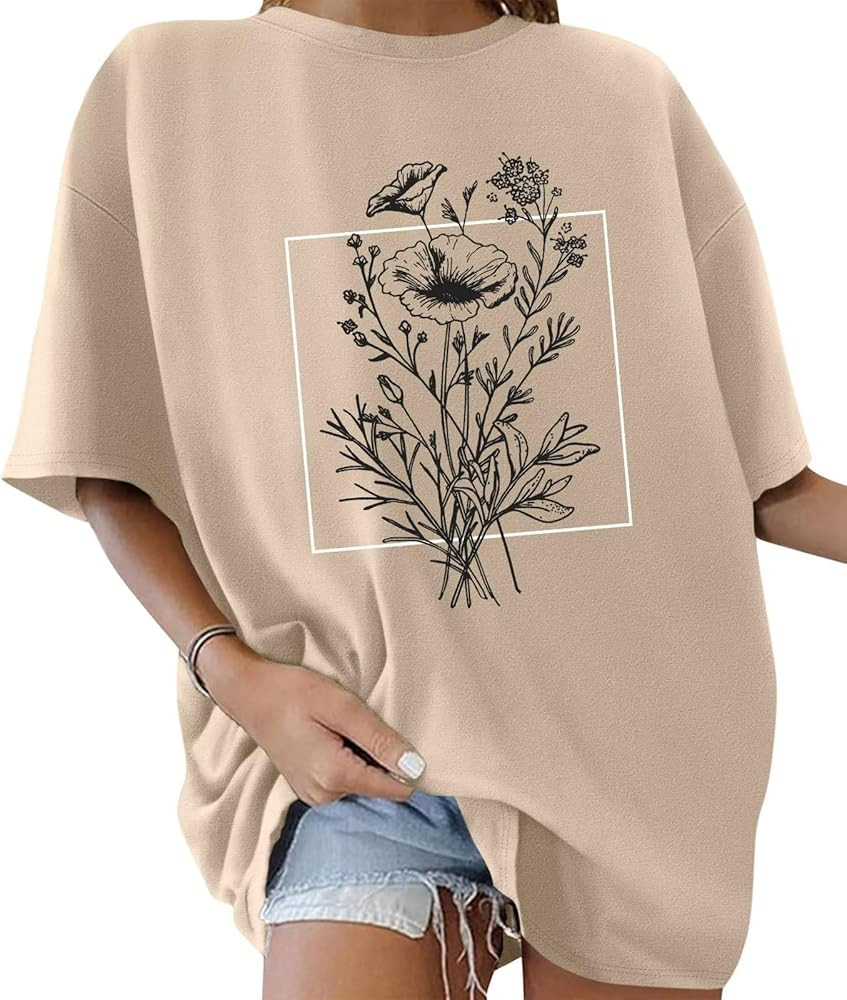 ORANDESIGNE Women’s Oversized Graphic Print Short Sleeve Tunic Tops Crew Neck Casual Drop Shoul... | Amazon (US)