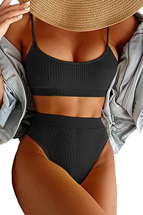 Roevite Women's Ribbed High Waisted Bikini Set Two Piece Swimsuit Spaghetti Strap Swimwear | Amazon (US)