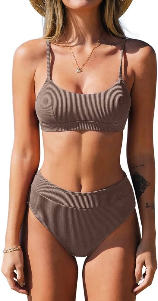 CUPSHE Women's Bikini Set Two Piece Swimsuit High Waisted Scoop Neck Swimwear | Amazon (US)