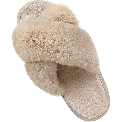 Evshine Women's Fuzzy Slippers Cross Band Memory Foam House Slippers Open Toe | Amazon (US)