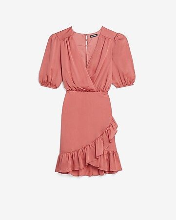 Satin Ruched Wrap Front Ruffle Dress | Express