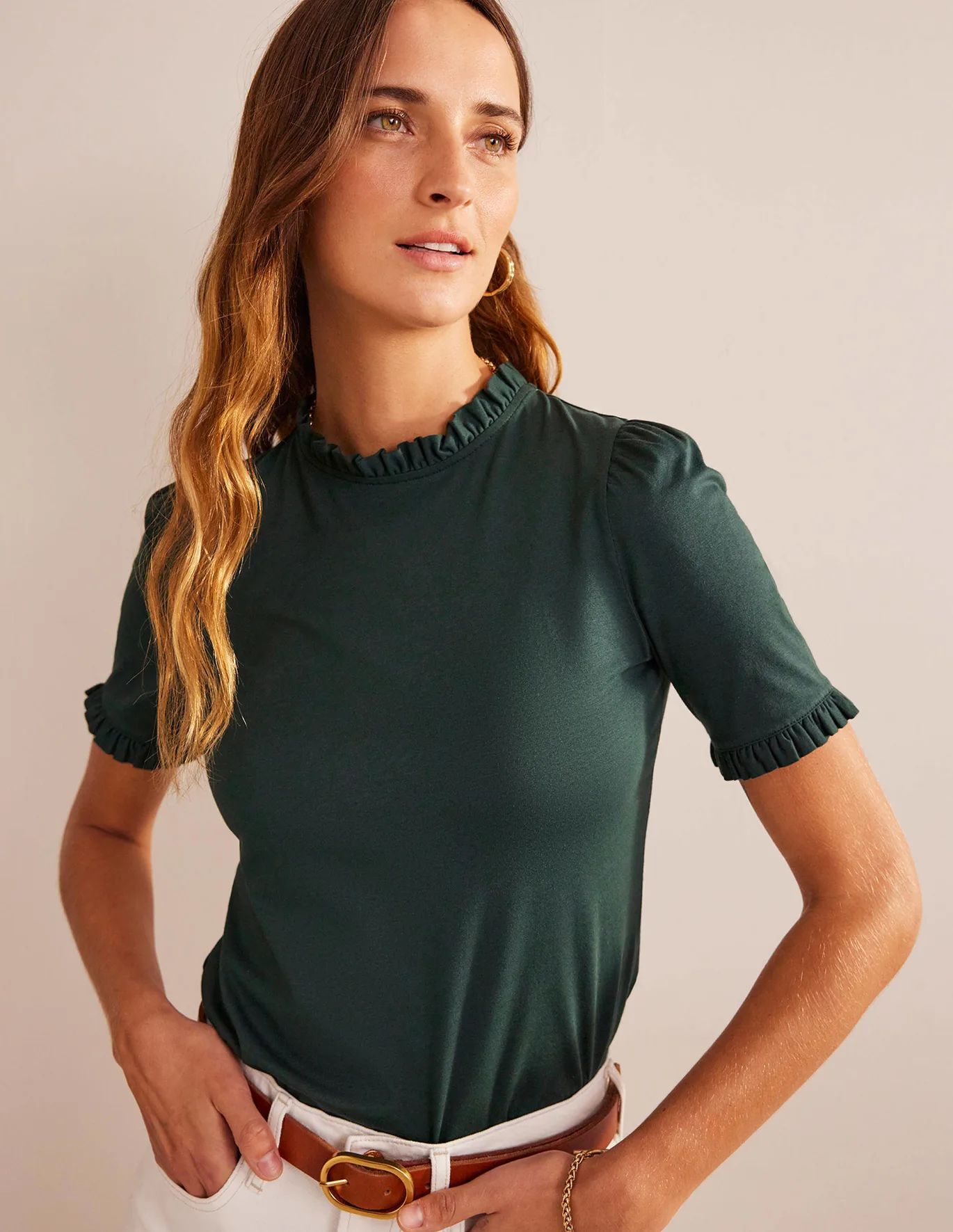Supersoft Frill Detail T-shirt - Chatsworth Green | Boden (US)