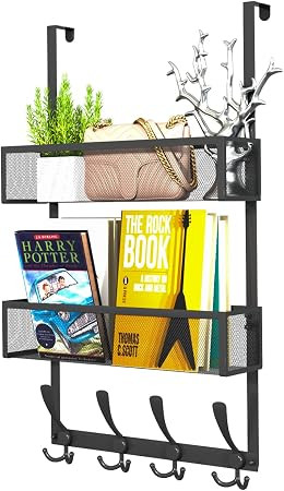 Over The Door Hooks Organizer,Coat Rack with 12 Hooks and 2 Mesh Baskets,Back of Door Storage Org... | Amazon (US)