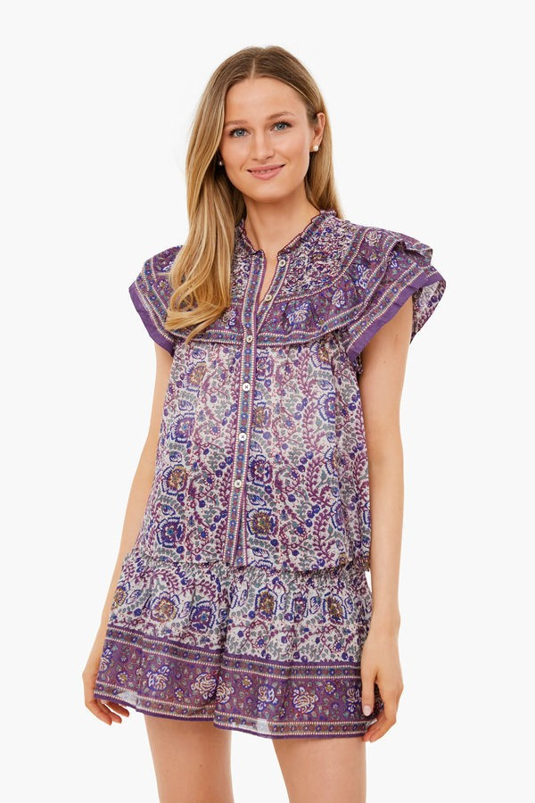 Purple Rosita Border Print Flutter Sleeve Top | Tuckernuck (US)