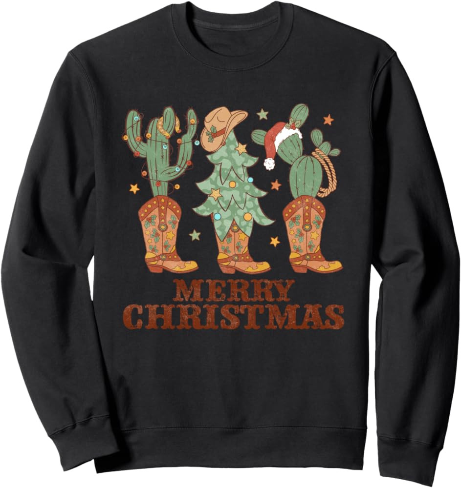 Merry Christmas Shirt Western Boots Trees Cactus Retro Hat Sweatshirt | Amazon (US)