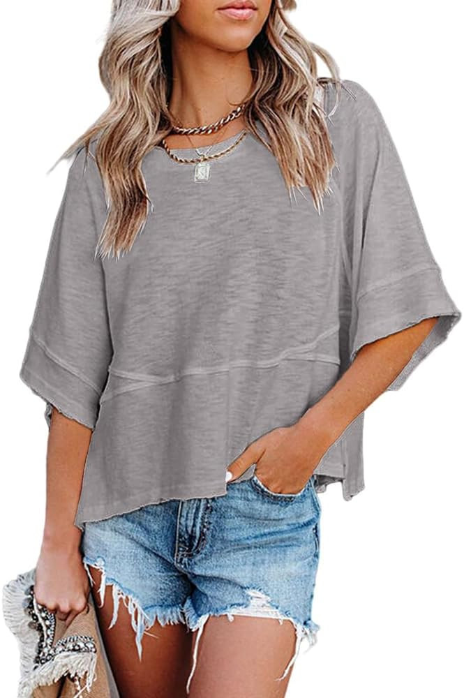 Women's Summer Casual Crewneck Batwing Half Sleeve T-Shirts Solid Color Loose Fit Cute Basic Flow... | Amazon (US)