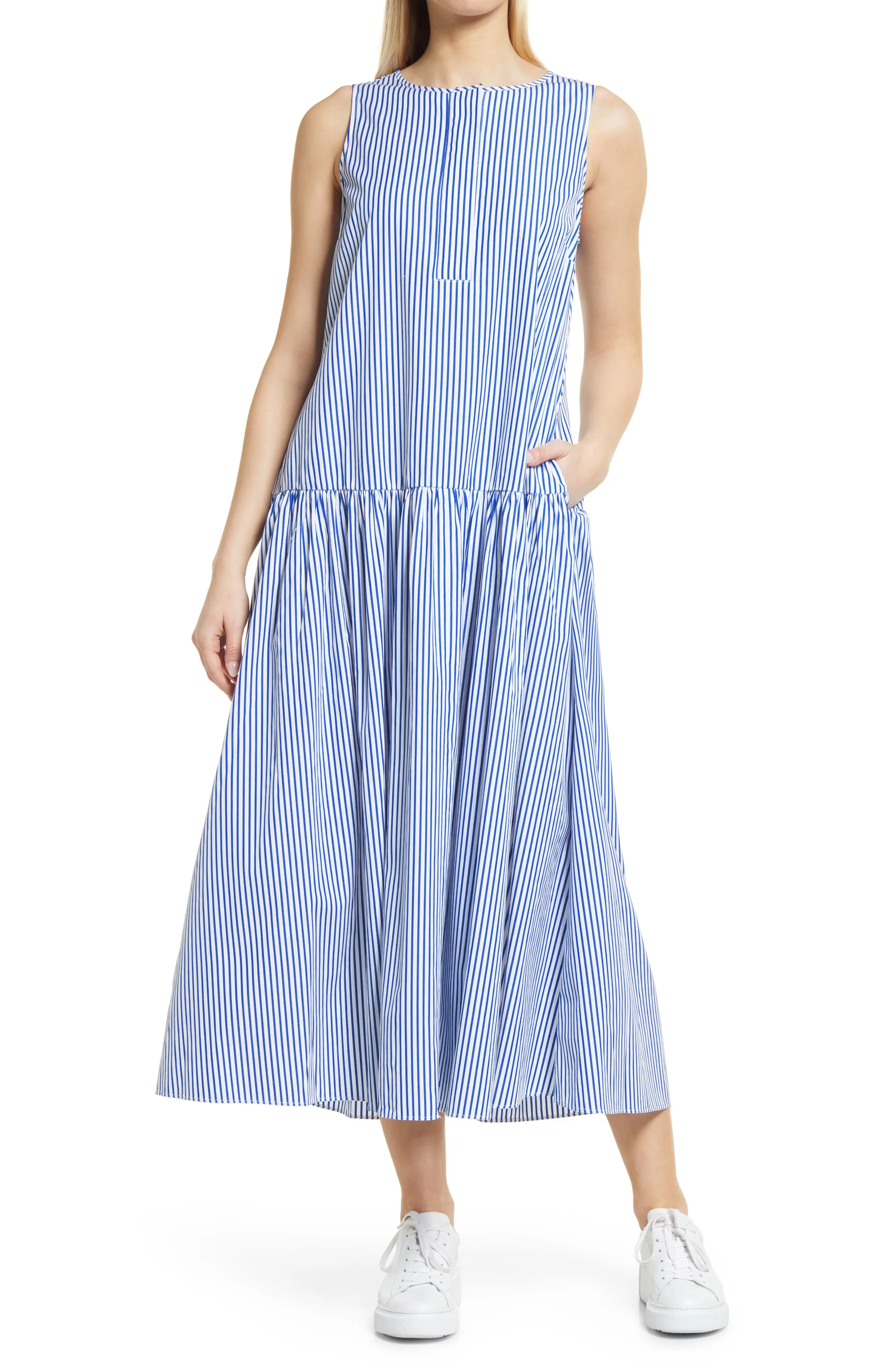 Nordstrom Drop Waist Cotton Poplin Dress in Blue- White Stripe at Nordstrom, Size Large | Nordstrom