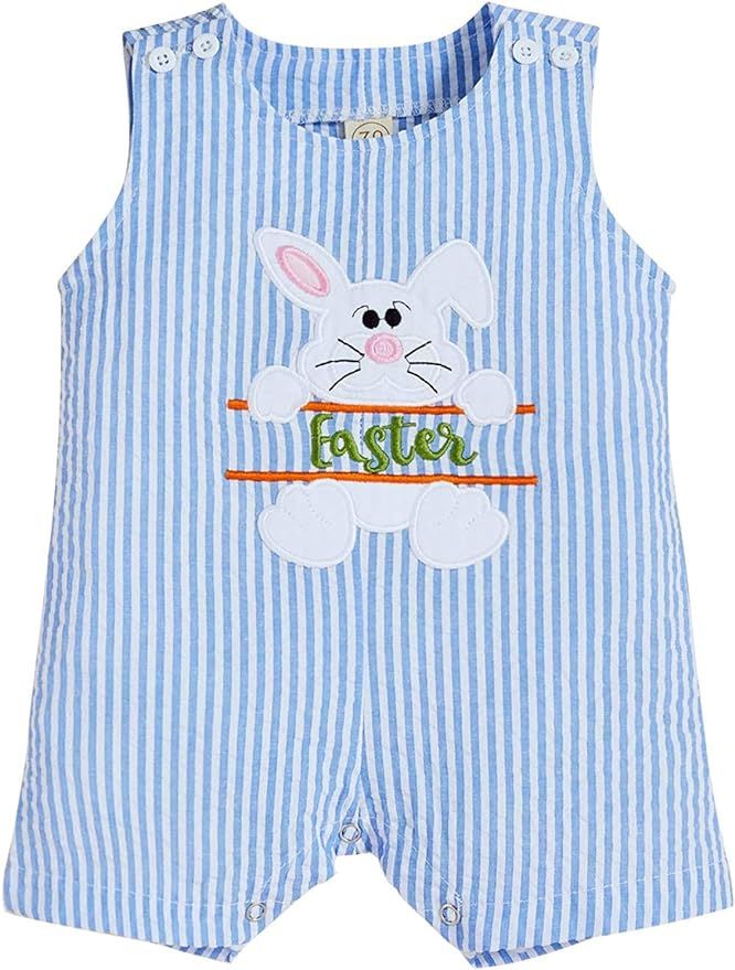 Baby Girl Boy Easter Outfits Infant Bunny Pattern Romper+Blue Stripes Suspender Pants Toddler Eas... | Amazon (US)