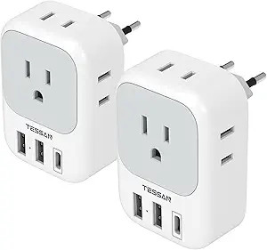 2 Pack European Travel Plug Adapter USB C, TESSAN US to Europe Plug Adapter with 4 Outlets 3 USB ... | Amazon (US)