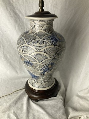 Vintage Chinoiserie Asian Floral Table Lamp Sea Life Blue & White Porcelain Vase | eBay US