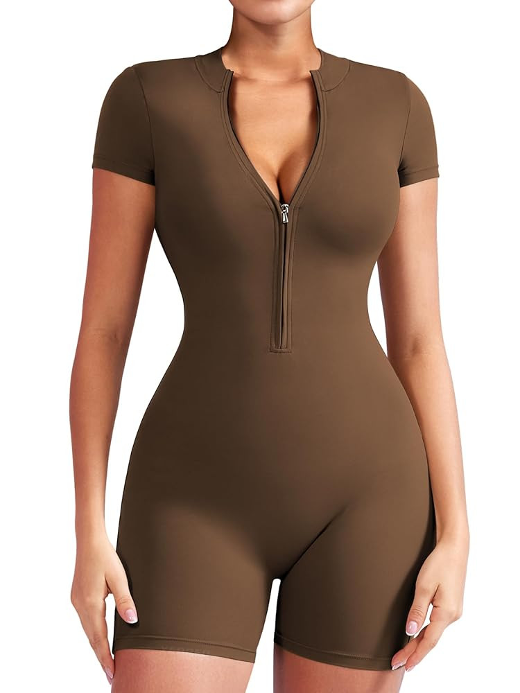 YEOREO Women Short Sleeve Workout Jumpsuit Zip Up Romper Bottom Shorts Bodysuit Bodycon Sexy One ... | Amazon (US)