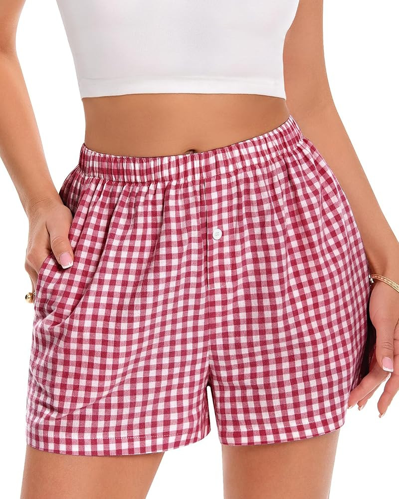 Boxer Shorts Women Summer Casual Pajama Y2K Beach Bottoms Plaid Lounge Shorts with Pocket(Red,M) ... | Amazon (CA)