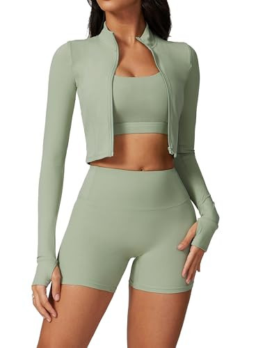 ABEHIK Workout Sets for Women 3 Piece Seamless Shorts Crop Top Long Sleeve Jacket Gym Yoga Sportswear Sports Bra Sets Tummy Control Shorts Running Athletic Outfits Green M | Amazon (US)