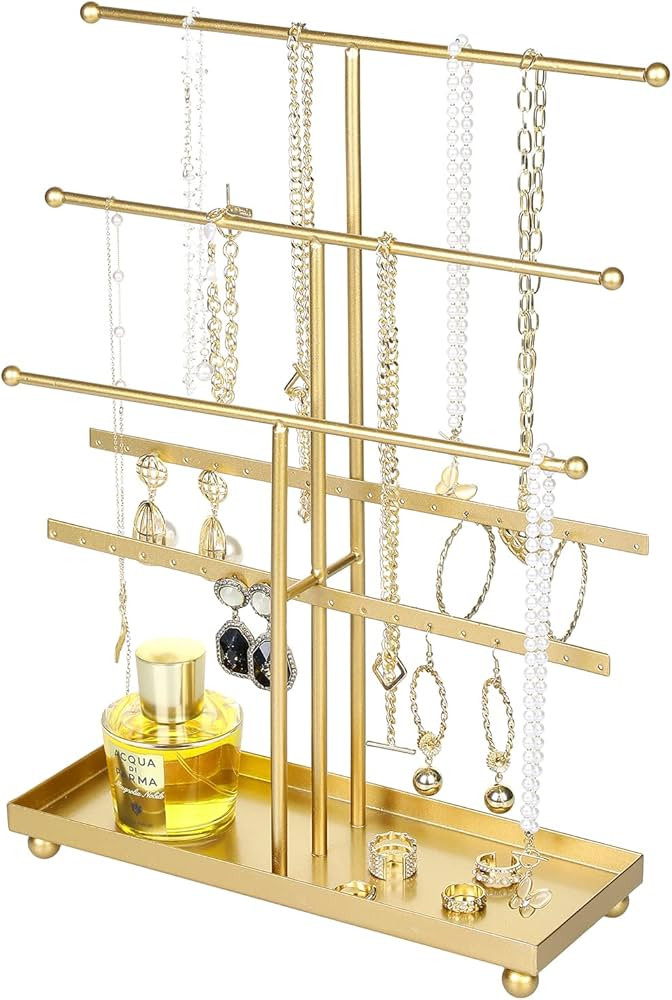 MyGift 5-Tier Gold Tabletop Metal Jewelry Necklace, Bracelet, Earring, Organizer with Ring Tray | Amazon (US)