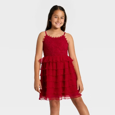 Girls' Tiered Lace Dress - Cat & Jack™ Dark Red | Target