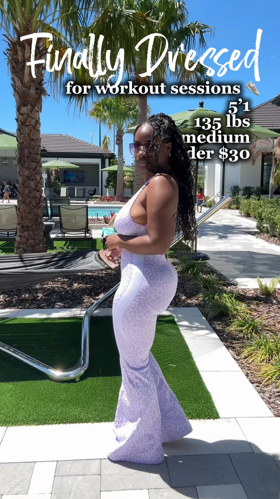 CORRECTION: I’m wearing a small! 

Pretty in Pastel Purple 🤍💜 this leopard open back jumpsuit is PERFECT for tall girls. Bell bottom pants and VERY stretchy. You can size down in this! 

#LTKootd #LTKActive #LTKfitnessgoals